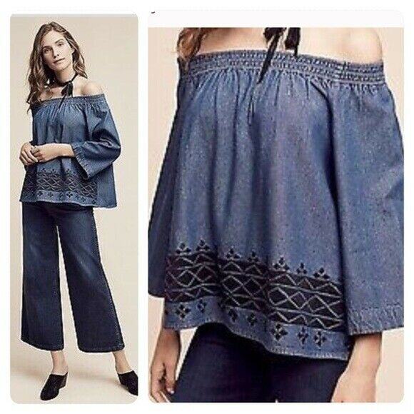 NE QUITTEZ PAZ | sz S Women's Denim Off Shoulder Black Embroidered Swing Top - Picture 2 of 7